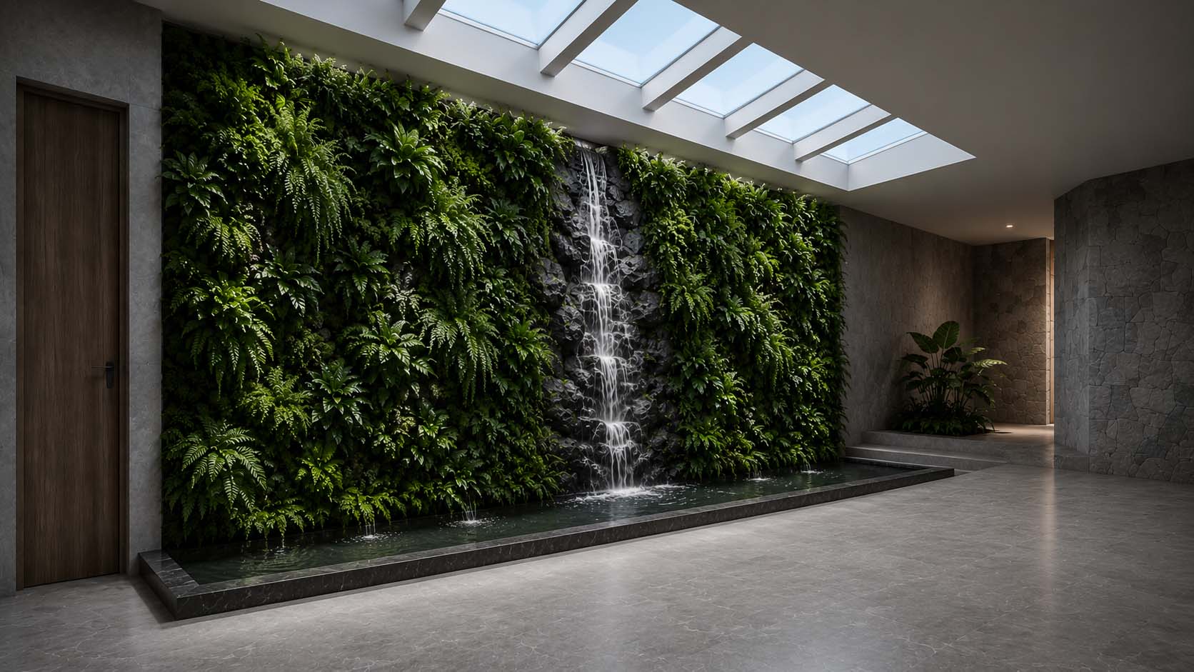 Daylight mediated through architectural screens creating dappled shadow patterns across a contemporary interior