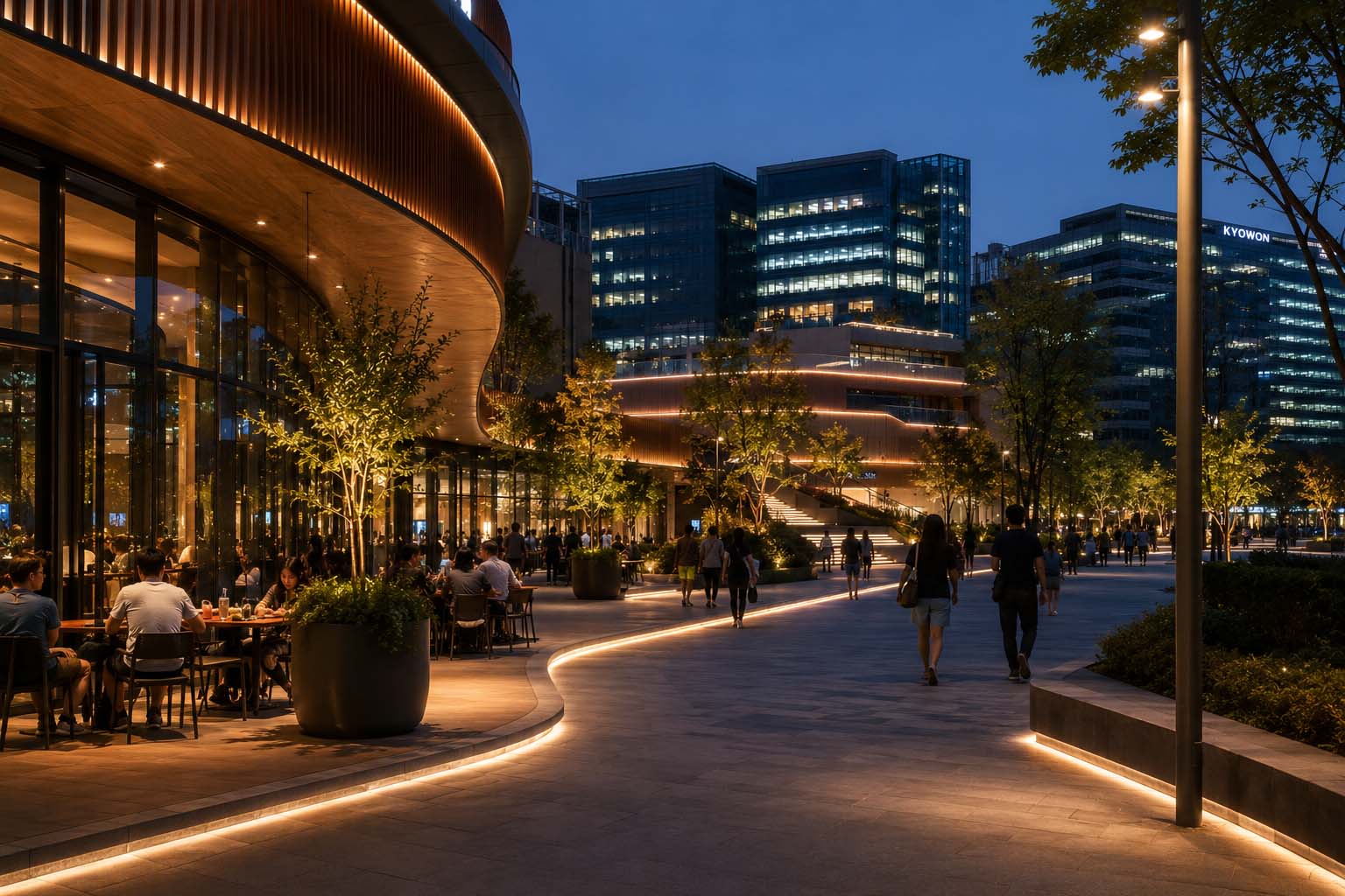 Warm and cool colour temperature transitions shaping spatial character in an urban public environment