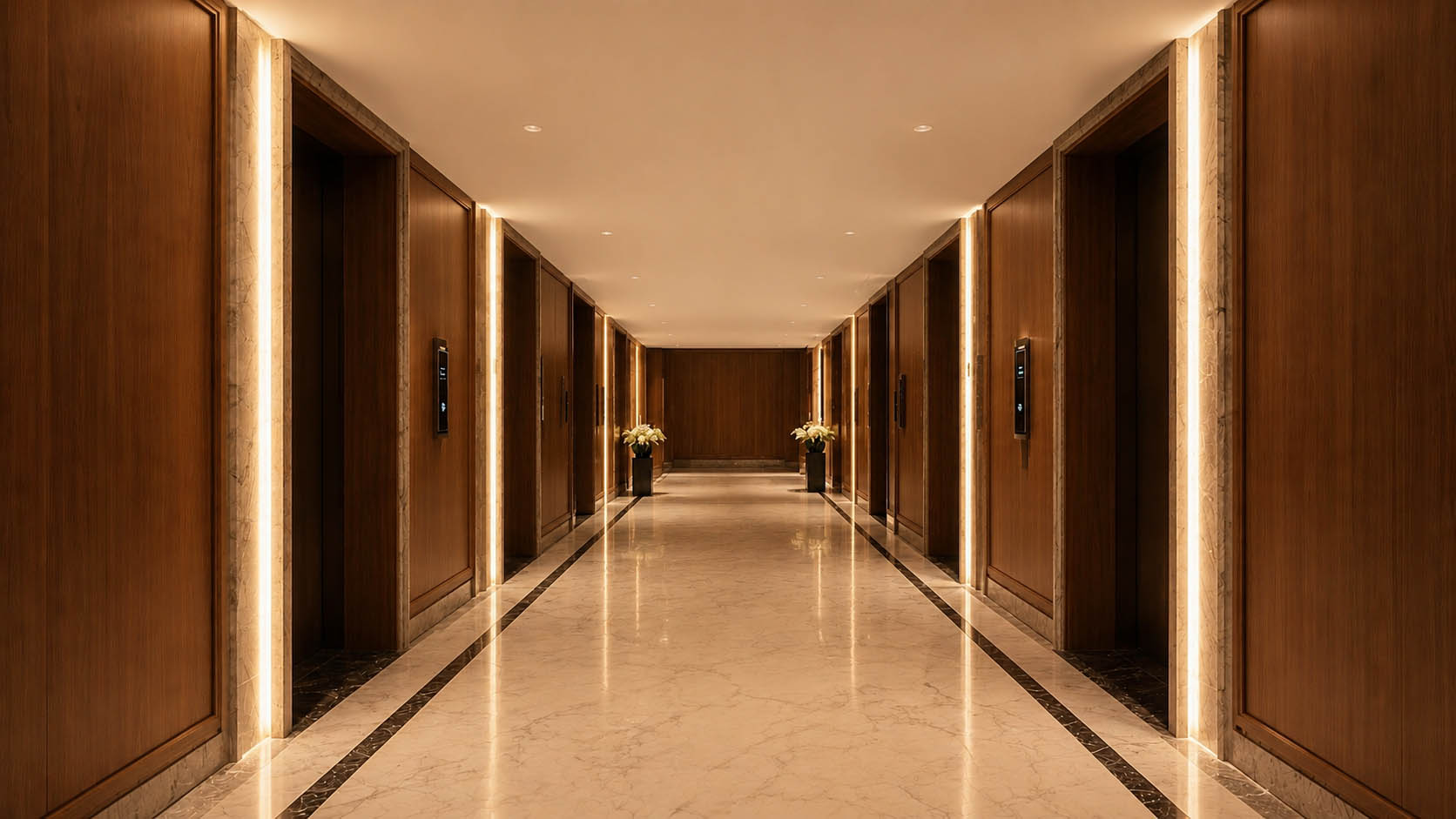 Sophisticated colour temperature layering in a luxury lift lobby, creating subtle zones of warmth and visual contrast.