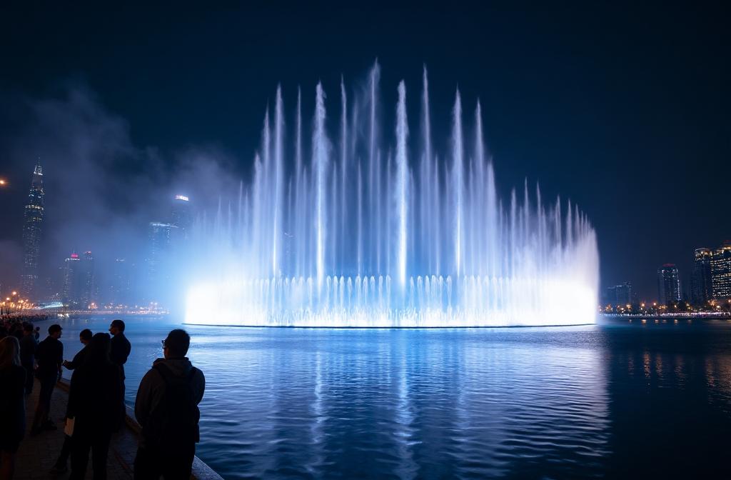 Dubai Fountain illuminated performance with choreographed water jets and synchronised colour projections