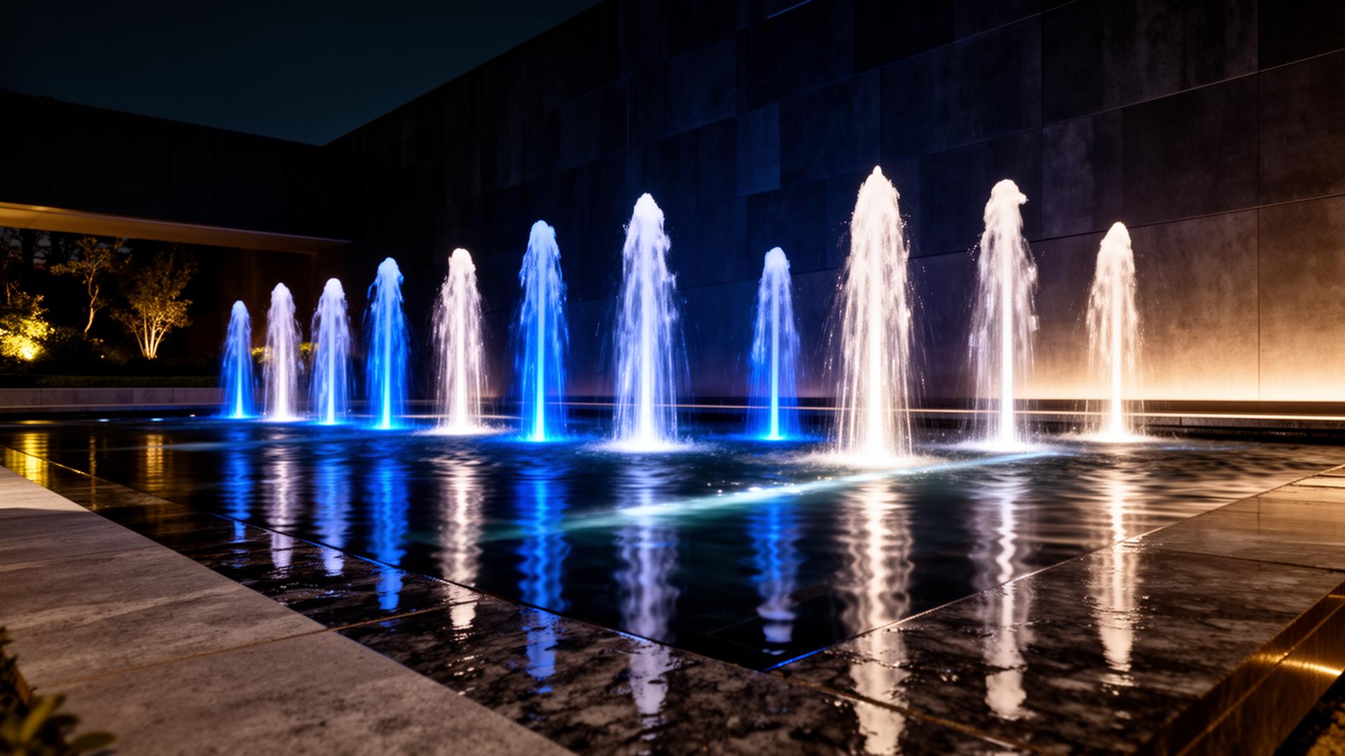 Water feature with integrated underwater lighting demonstrating the interplay of light, water and architectural context